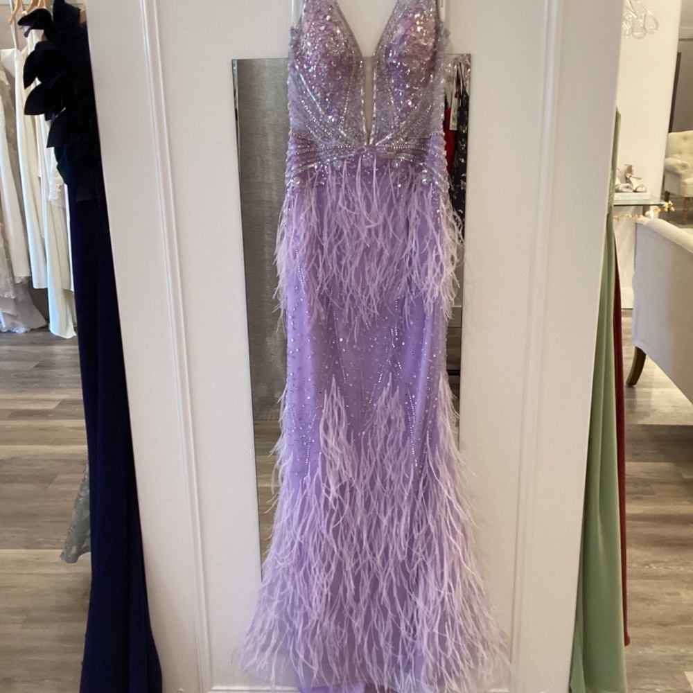 Jovani Lavender Sequin Feather Maxi Dress